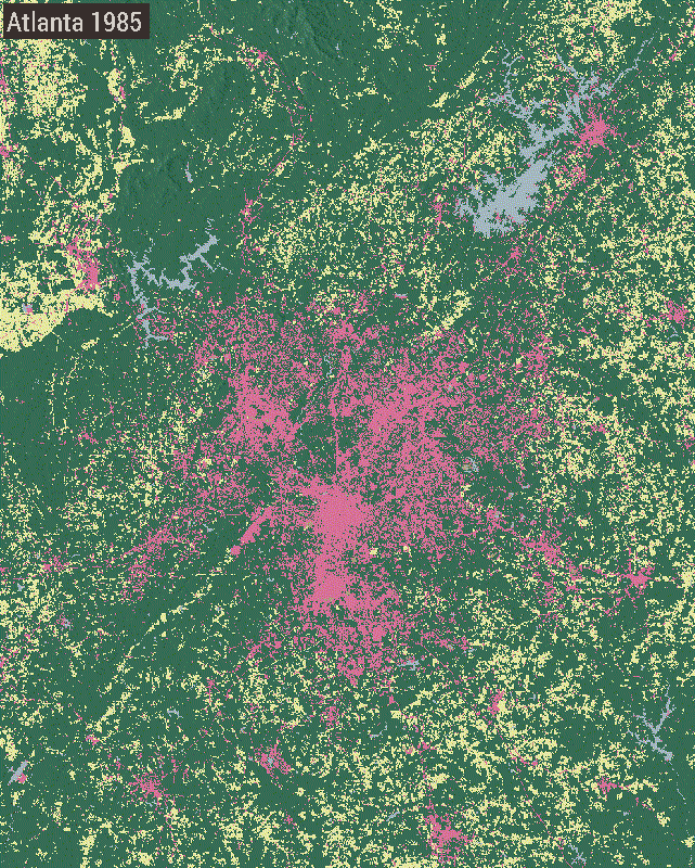Example area showing LCMS land use changing over Atlanta