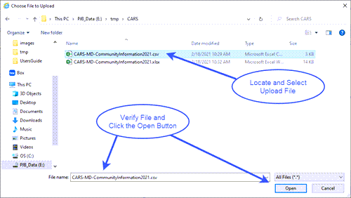 Screen capture of Windows File Browser that is used to locate and select delimited data file for upload.  There are callouts to locate, select and verify filename; and to click the Open button to begin the upload/import process.