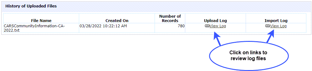 Screen capture of the upload log detail with a callout to click on the View Log links to view both the Upload and then Import logs.