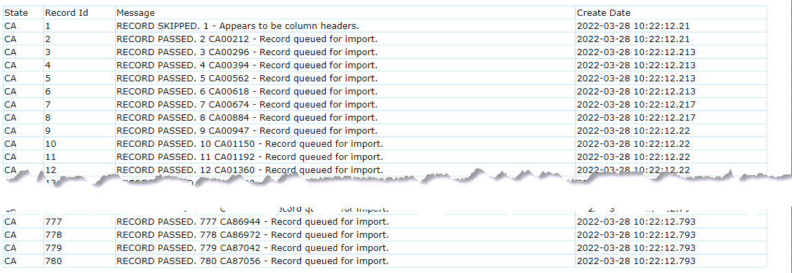 Screen capture of the upload log detail.