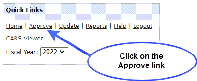 Screen capture of Region Quick Links Menu with callout directing you to click on the Approve link.