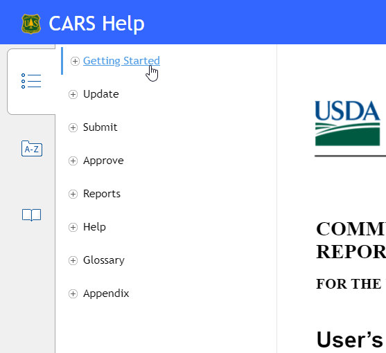 Screen capture of the Table of Contents sidebar displaying the primary help system topics.