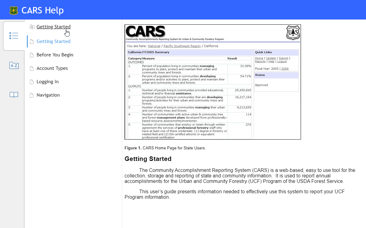 Screen capture of the CARS Help System with Getting Started subject being displayed in the main topic window.  The table of contents tool is activated and the the subject links for the Getting Started topic are displayed in the Table of Contents sidebar.