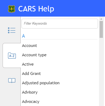 Screen capture of the help system index tool displaying the index sidebar with the keyword search box at the top of the sidebar and several keywords and phrases  below, organized alphabetically.