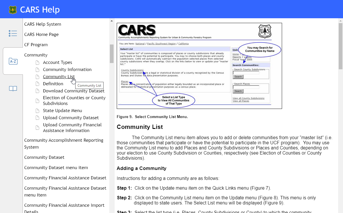 Screen capture of the help system with the Index sidebar displayed with a list of topics below the Community keywork.  The Community List topic is displayed in the main topic window.