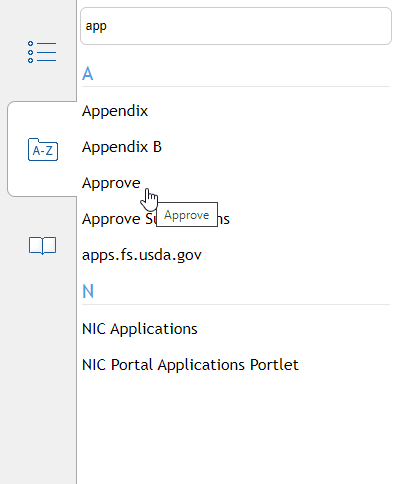 Screen capture of Index tool and sidebar with the filter string "app" entered into the Keyword Filter and a short list of keywords and phrases that pertain to the filter.