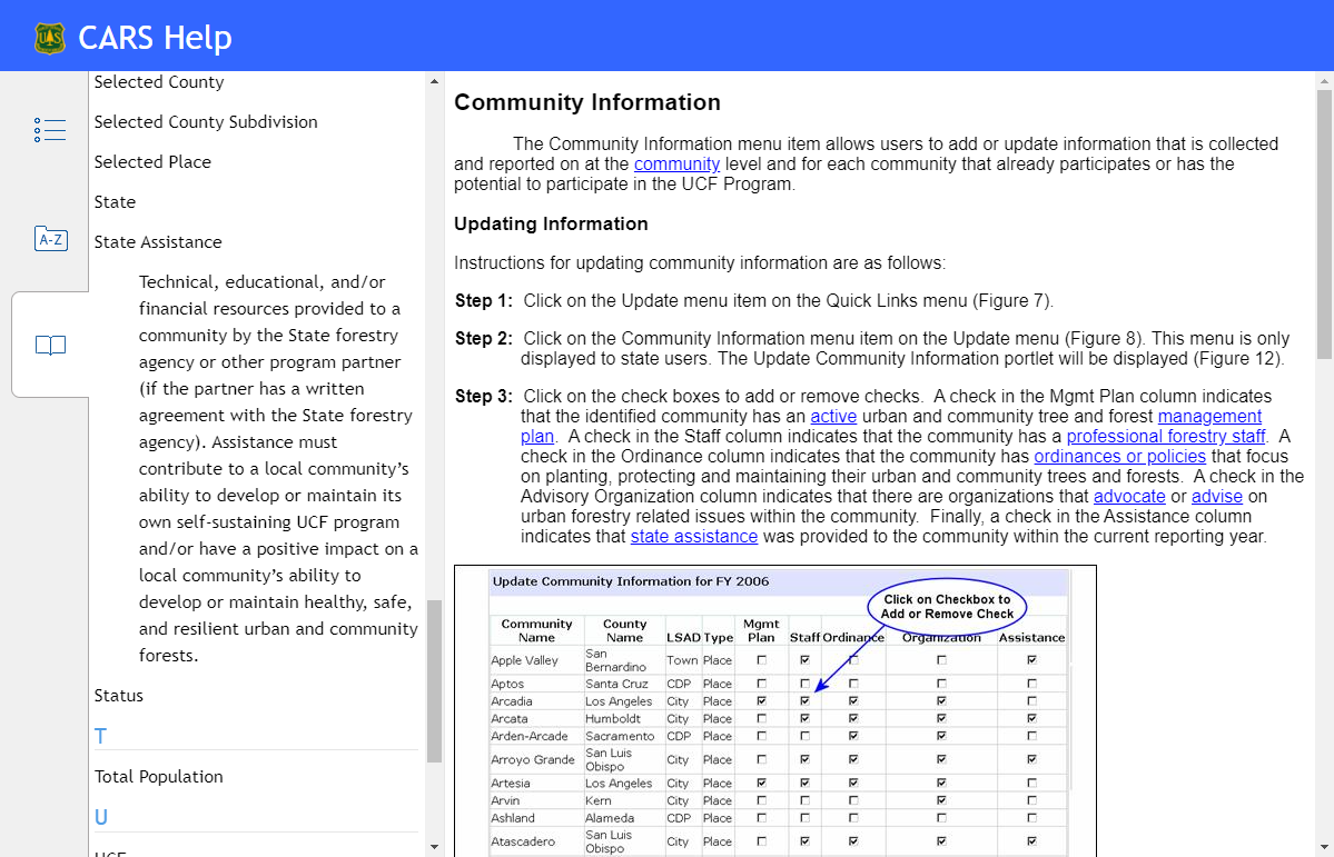 Screen capture of Help System with the Glossary sidebar expanded displaying the definition for State Assistance.  The Update Community Information topic is displayed in the main topic window.