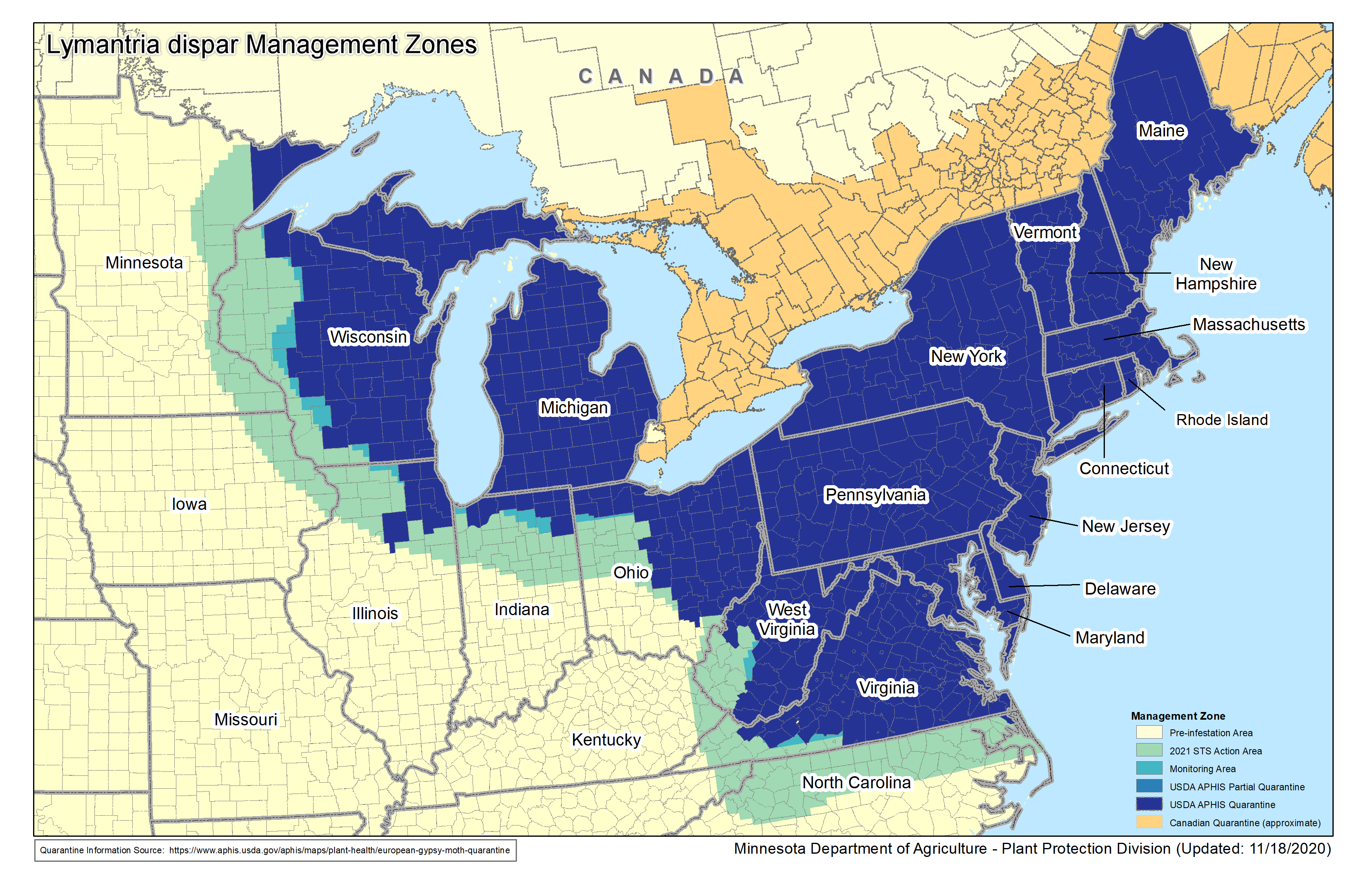 Map showing northeast states of United States with APHIS quarantine areas in blue for most of or all of states from Virginia to Maine then west to West Virginia and Ohio and north to Michigan and Wisconsin.  Buffering Slow The Spread Action Areas wrap from North Carolina to West Virginia, Ohio, Indiana, Illinois, Wisconsin and just into Iowa and Minnesota.  Quaratine area growing slightly southwest from Chicago, Illinois