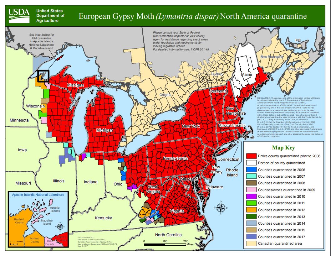 Map showing northeast states of United States with APHIS quarantine areas in red for most of or all of states from Virginia to Maine then west to parts of West Virginia and Ohio and north to all of Michigan and much of Wisconsin.  Counties quarantined since 2006 in other colors per map key.