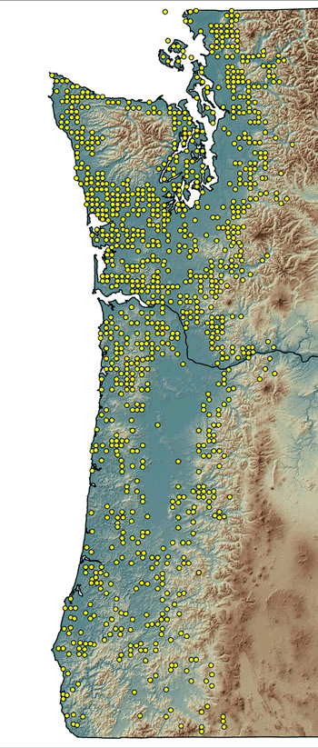 [Map}: Map of western Oregon and Washington depicting location of forest inventory plots and topography.